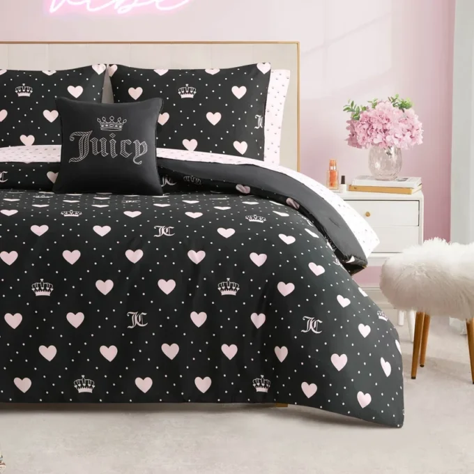 Diamond Hearts Black Comforter Bed in a Bag Bedding Set