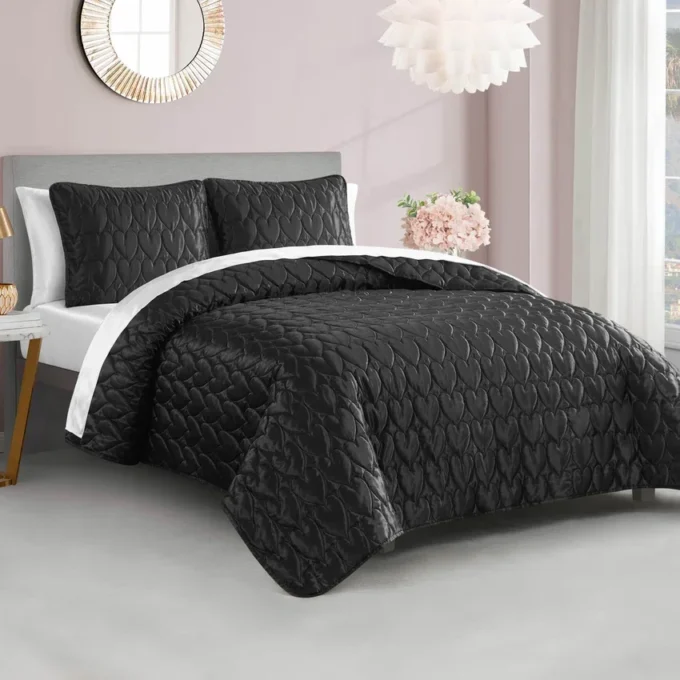 Satin Heart Stitched Quilt Set