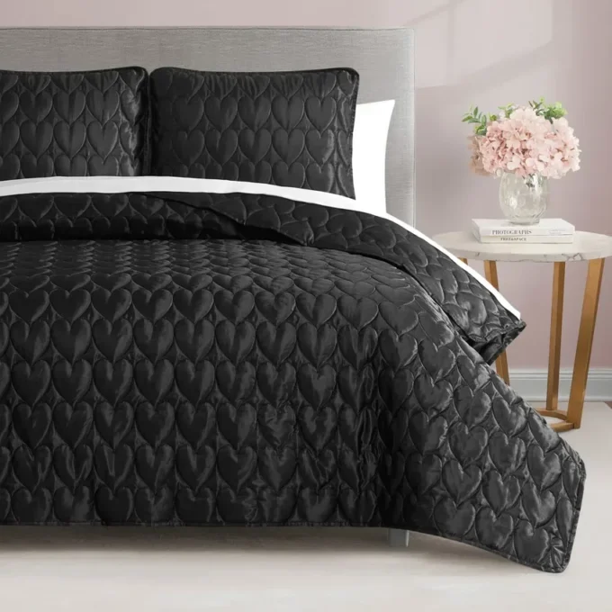 Satin Heart Stitched Quilt Set